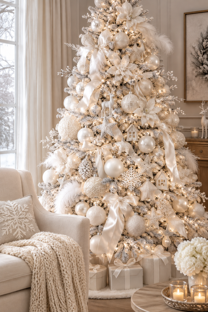 All-white Christmas tree with layered white textures and ornament