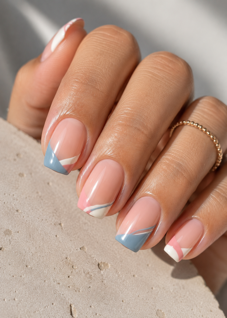 Asymmetrical French tips in dusty blue, pink, and creamy white