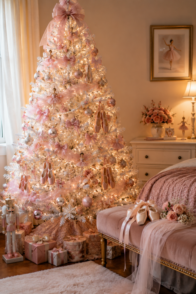 Ballerina Christmas tree with blush ornaments tulle and ballet details