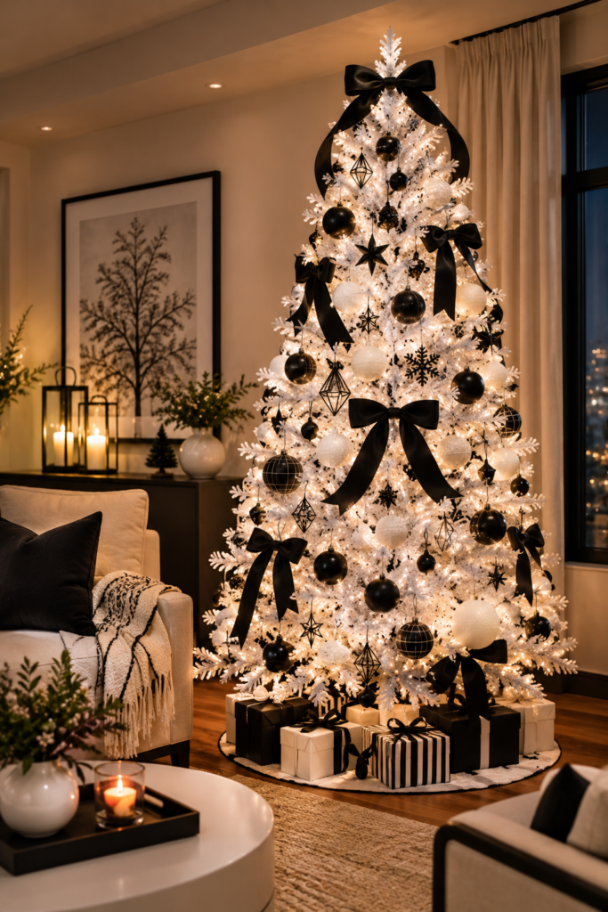 Black and white Christmas tree with geometric ornaments and modern ribbon