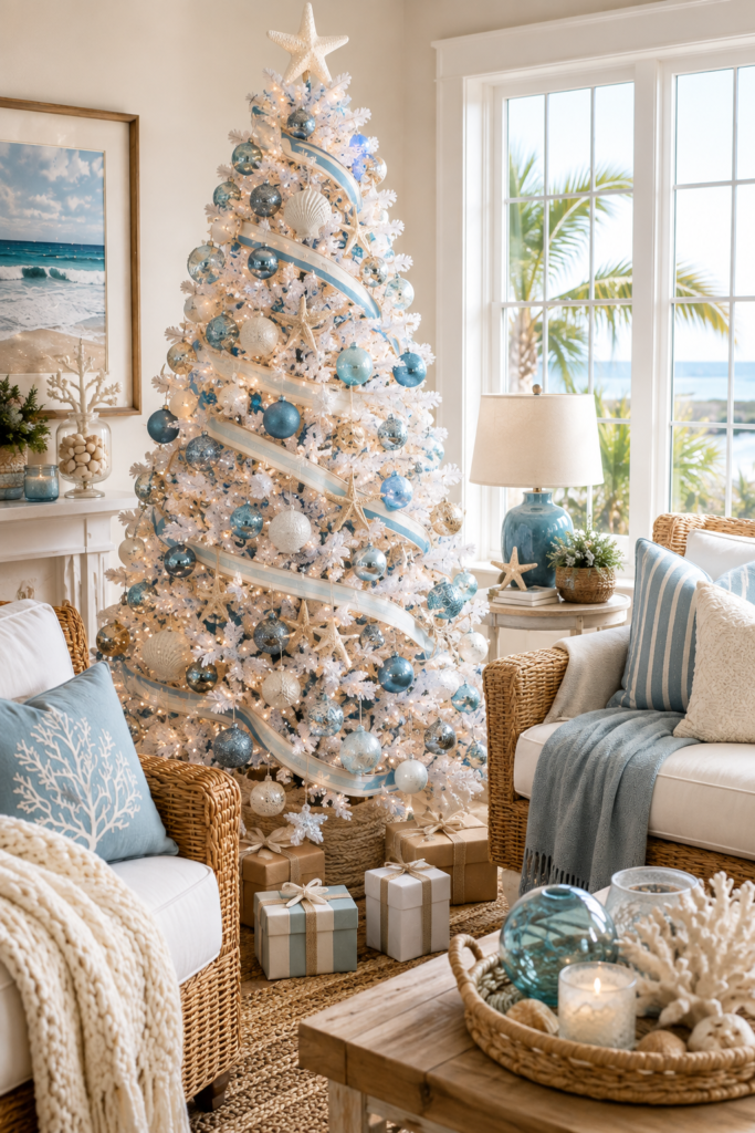 Blue and white Christmas tree with coastal ornaments and airy ribbon