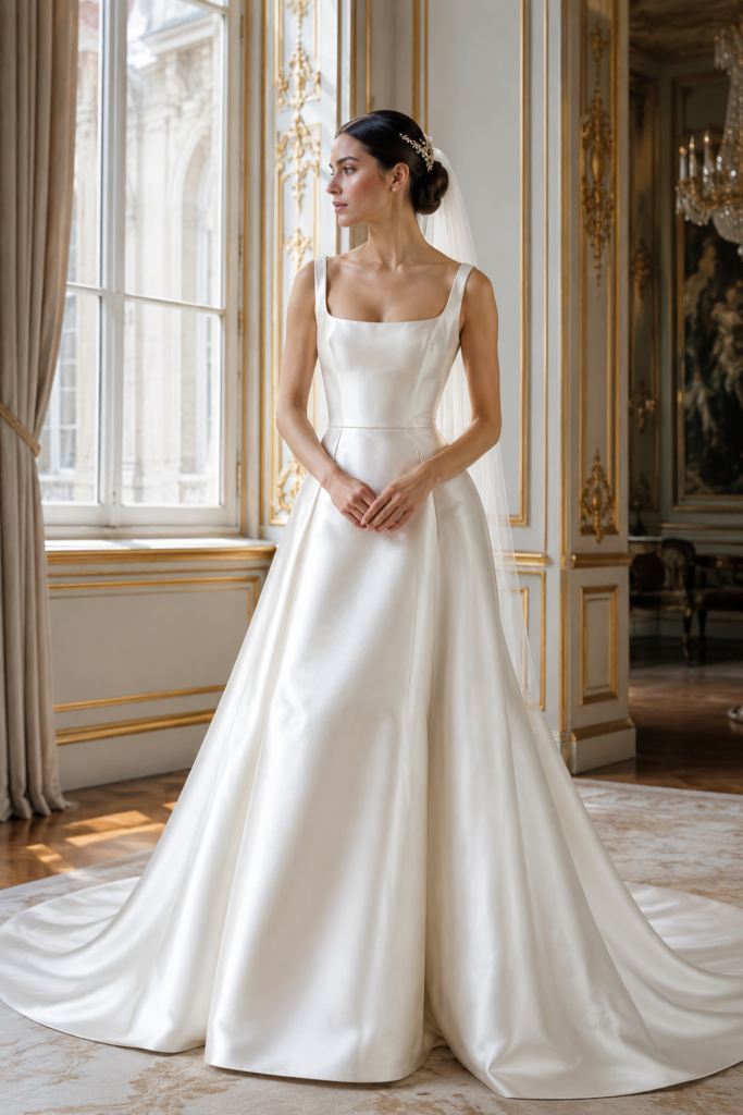 Bride wearing a sleek ivory satin princess gown