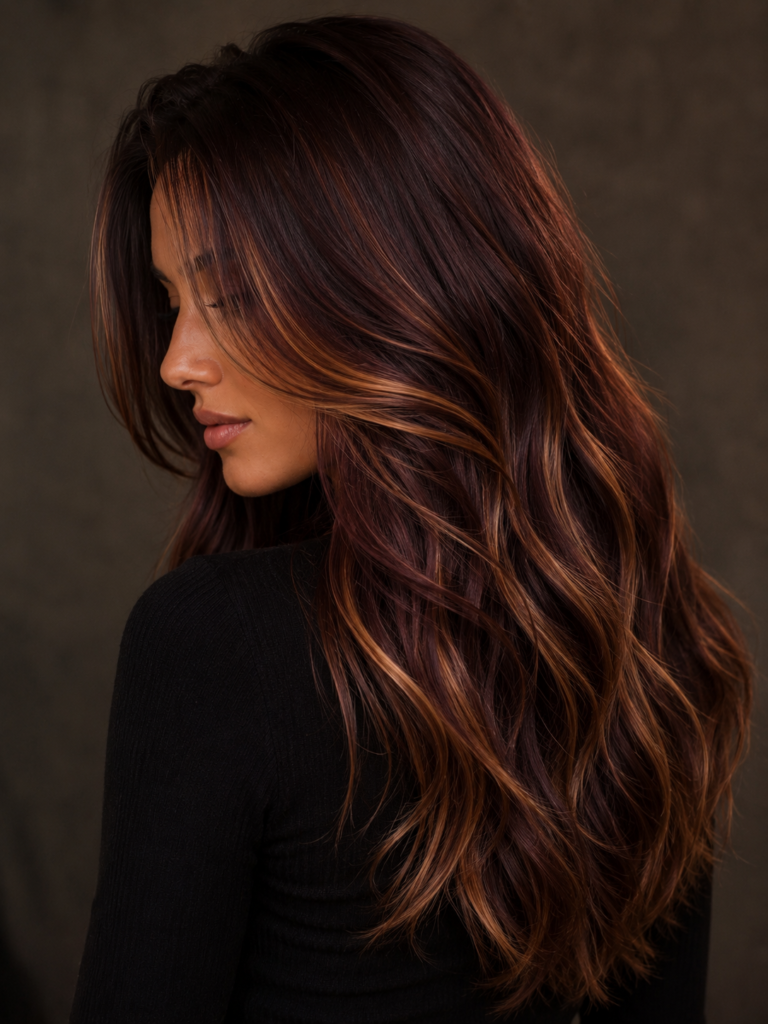 Burgundy Brown Hair with Rich Caramel Accents

