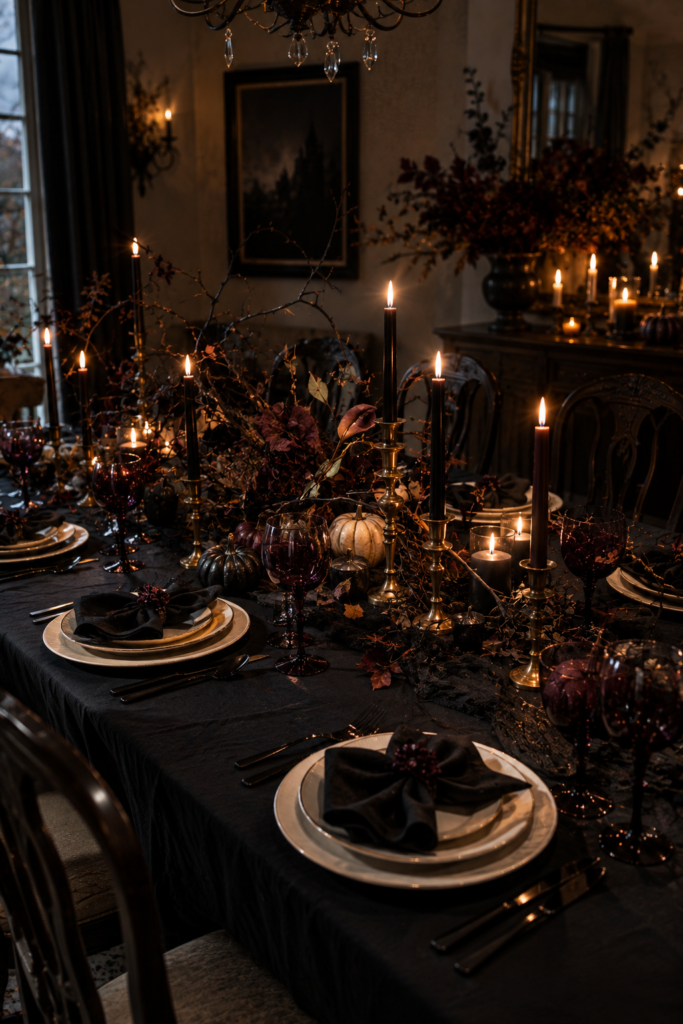 Candlelit gothic Halloween table with dark linens, glassware, and seasonal branches