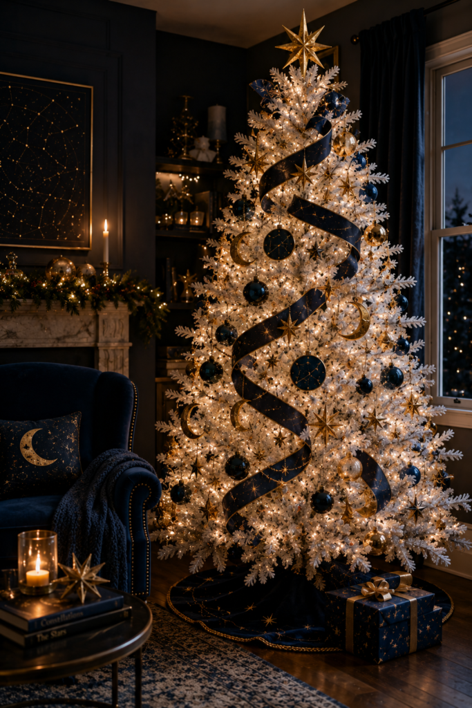 Celestial white Christmas tree with stars moons navy ribbon and lights