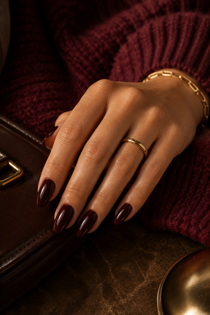 Chocolate cherry almond nails with burgundy knitwear and glossy reflective polish Chocolate cherry almond nails with burgundy knitwear and glossy reflective polish.