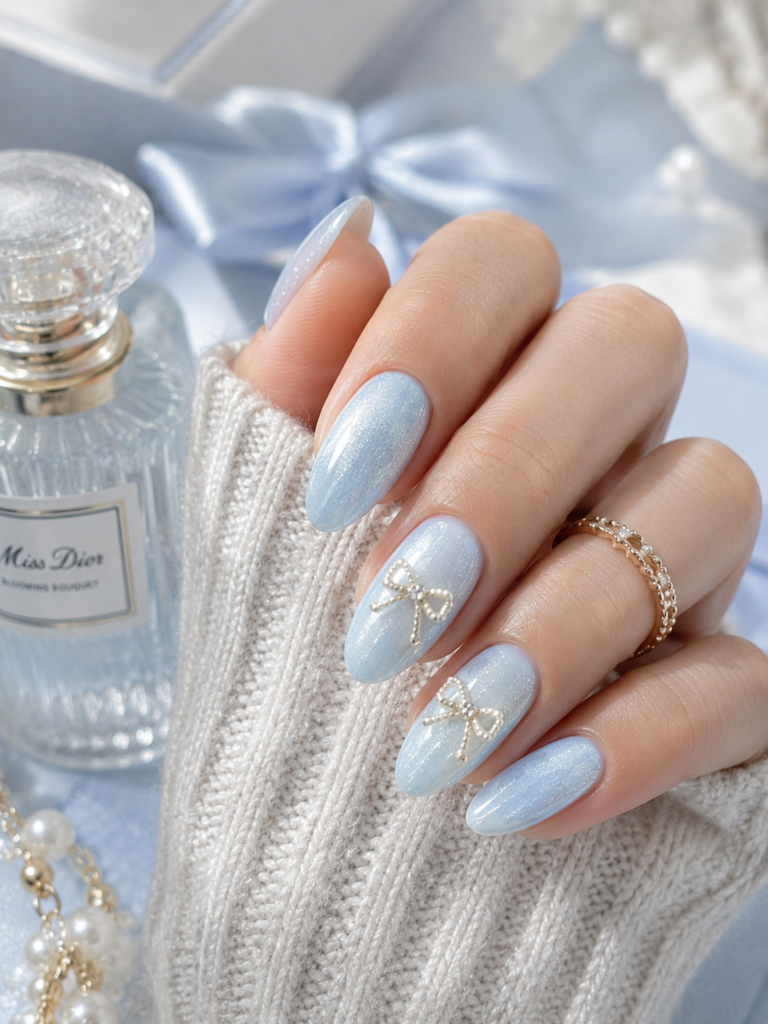 coquette nails with baby blue opal shimmer and bow charms