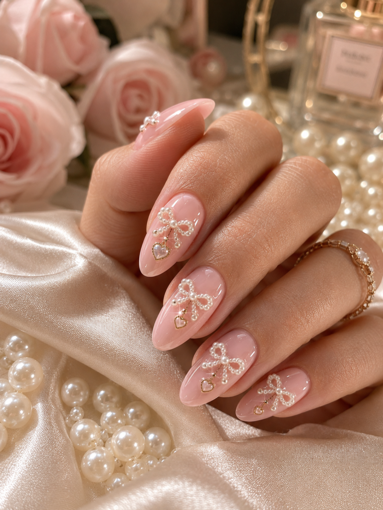 Image Prompt: Romantic editorial photograph of blush pink nails with pearl bows and tiny heart charms, medium almond shape, hand resting on champagne satin beside scattered pearl beads, warm dressing-table lighting, soft rose background, close three-quarter angle, luminous glossy finish, immaculate cuticles, dreamy feminine mood, realistic Pinterest beauty photography, elegant details, softly.
Alt Text: coquette nails with blush pink polish, pearl bows, and hearts