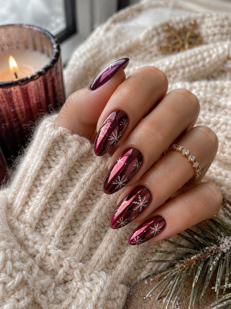 coquette nails with burgundy chrome polish and silver snowflakes