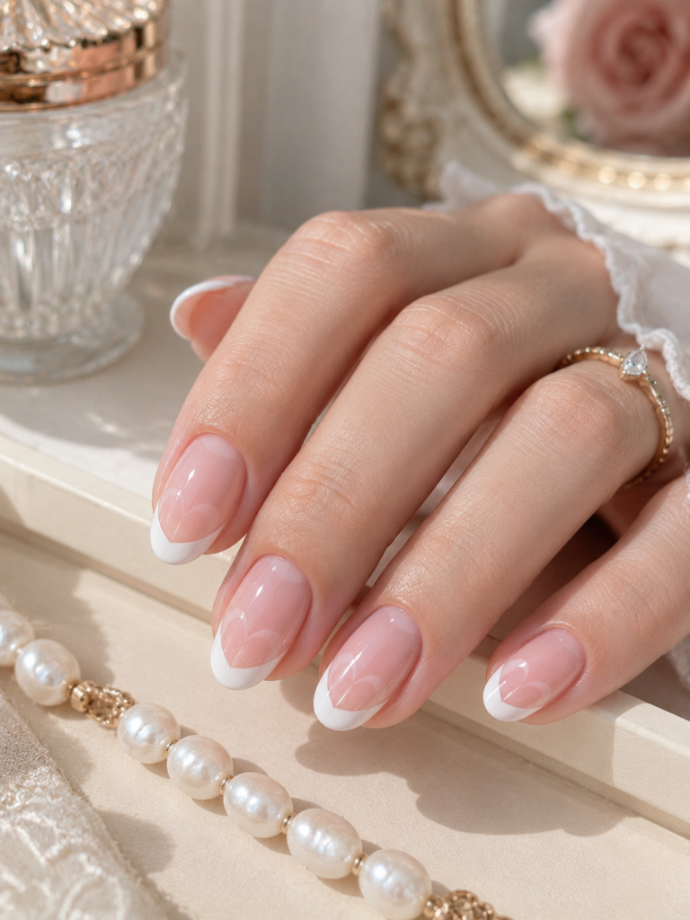 coquette nails with classic French tips and a blush heart base