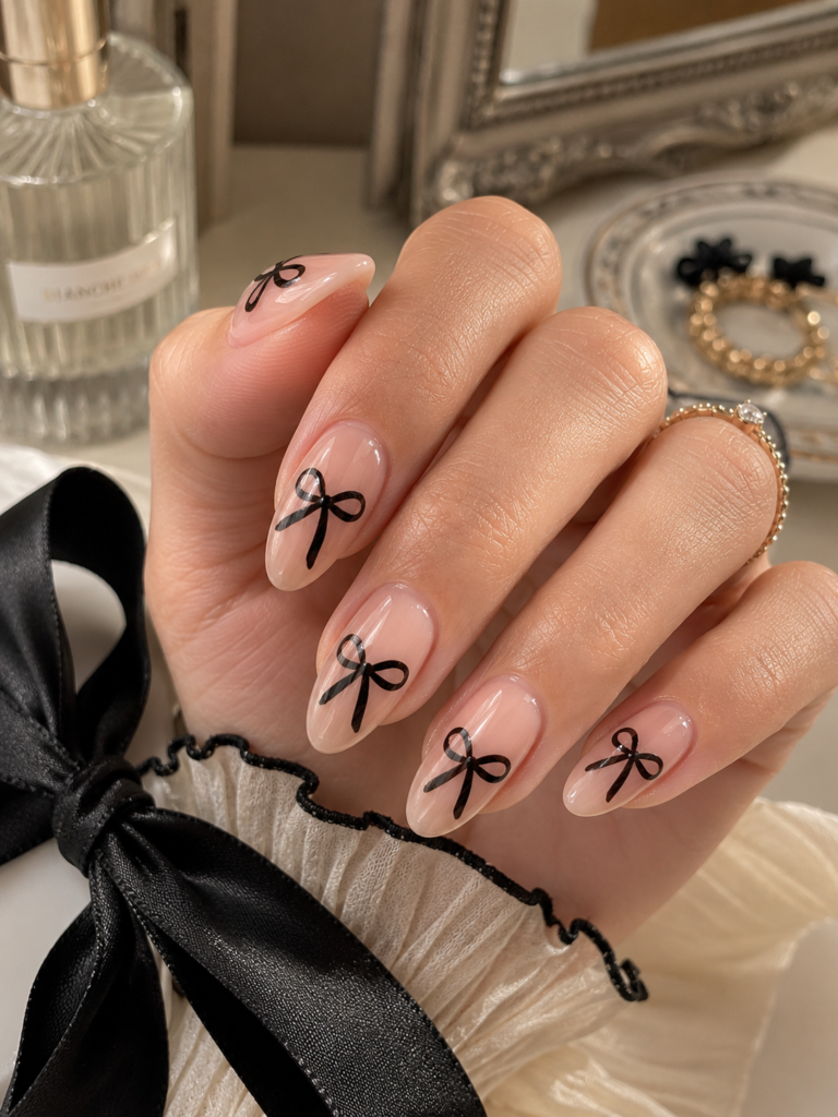 coquette nails with glossy nude polish and black ribbon decals
