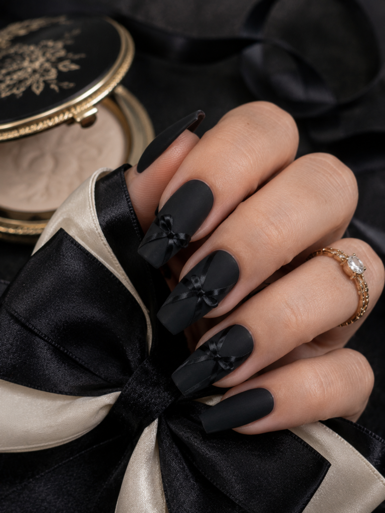 coquette nails with matte black polish and satin ribbon accents