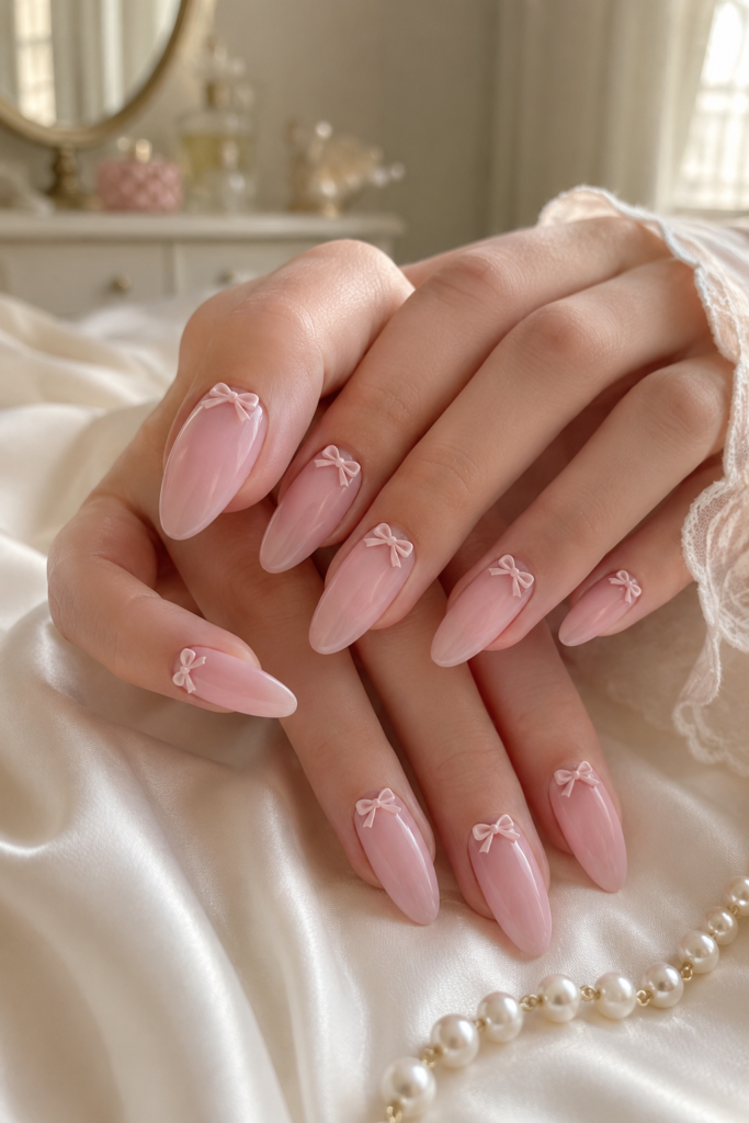 coquette nails with milky pink polish and satin micro-bows