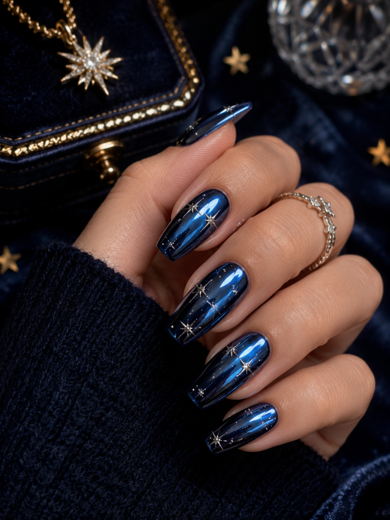 coquette nails with navy chrome polish and silver star flecks