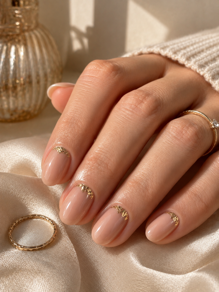 coquette nails with nude polish and delicate gold foil cuticles