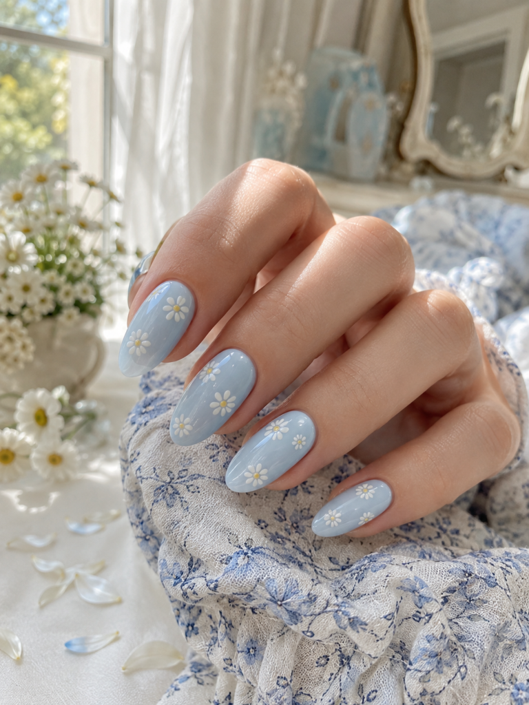 coquette nails with pastel blue polish and tiny daisy details