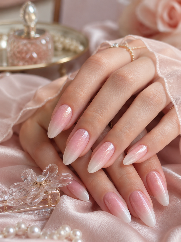 coquette nails with pink-to-white ombré and soft pearly shimmer