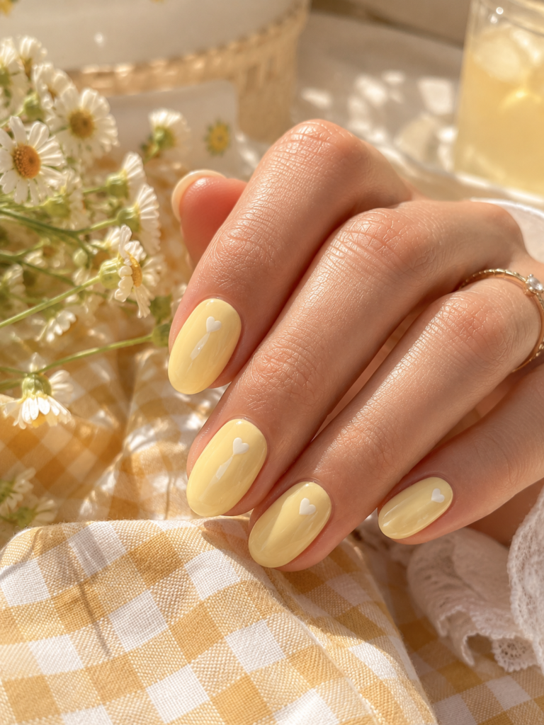 coquette nails with soft yellow polish and tiny painted hearts