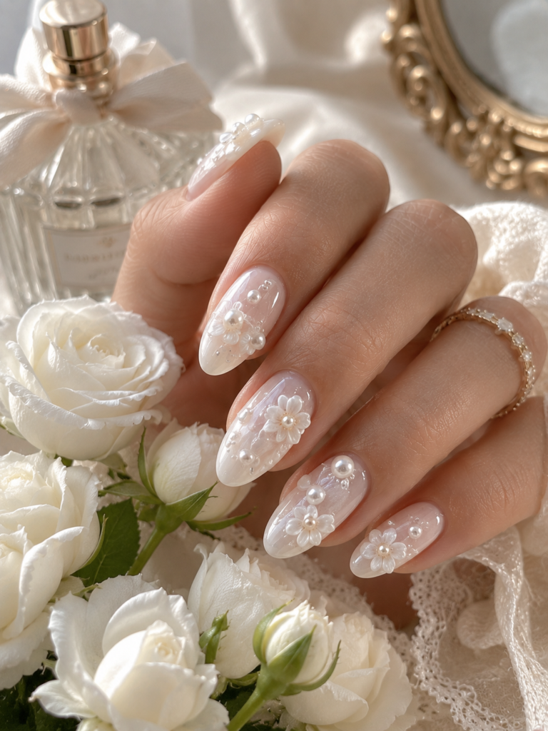 coquette nails with white 3D pearls and delicate floral accents