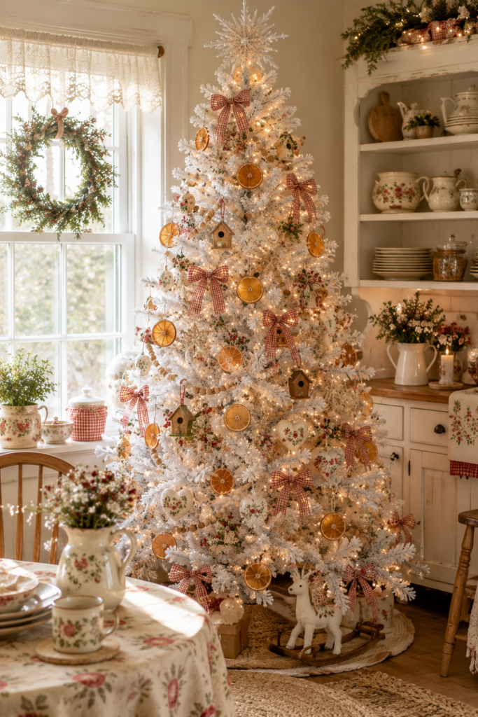 Cottagecore white Christmas tree with dried oranges gingham and handmade ornaments