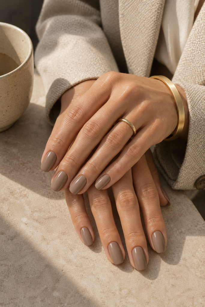 Creamy mocha taupe oval manicure with an oatmeal blazer and gold bracelet.
