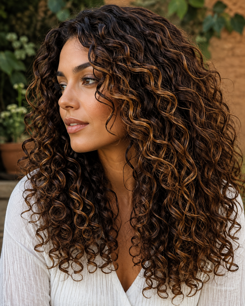Curly Brown Hair with Caramel Highlights Between Coil