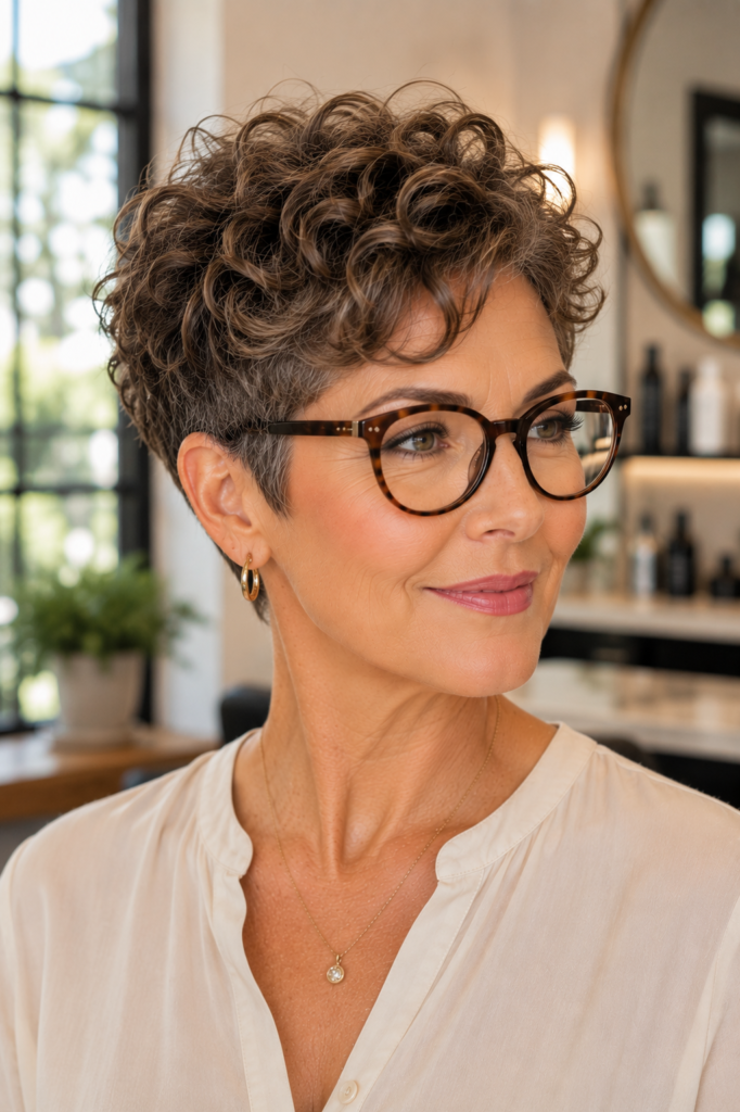 Curly tapered crop with voluminous curls and tortoiseshell glasses.