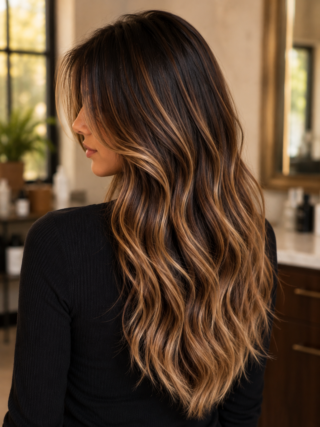 Dark Brown Hair with Caramel Lowlights and Highlights