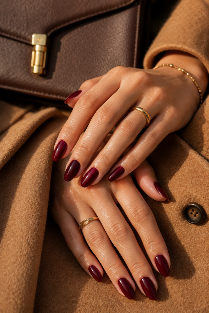 Deep burgundy almond nails paired with camel wool and understated gold jewelry.