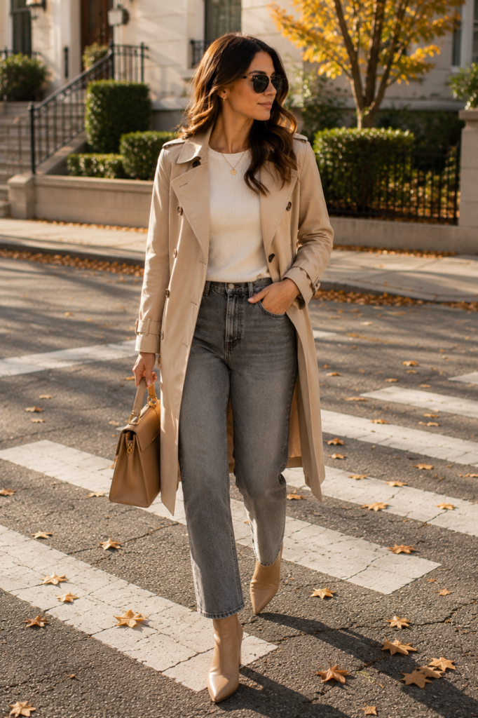 early fall outfit ideas with beige trench and gray jeans