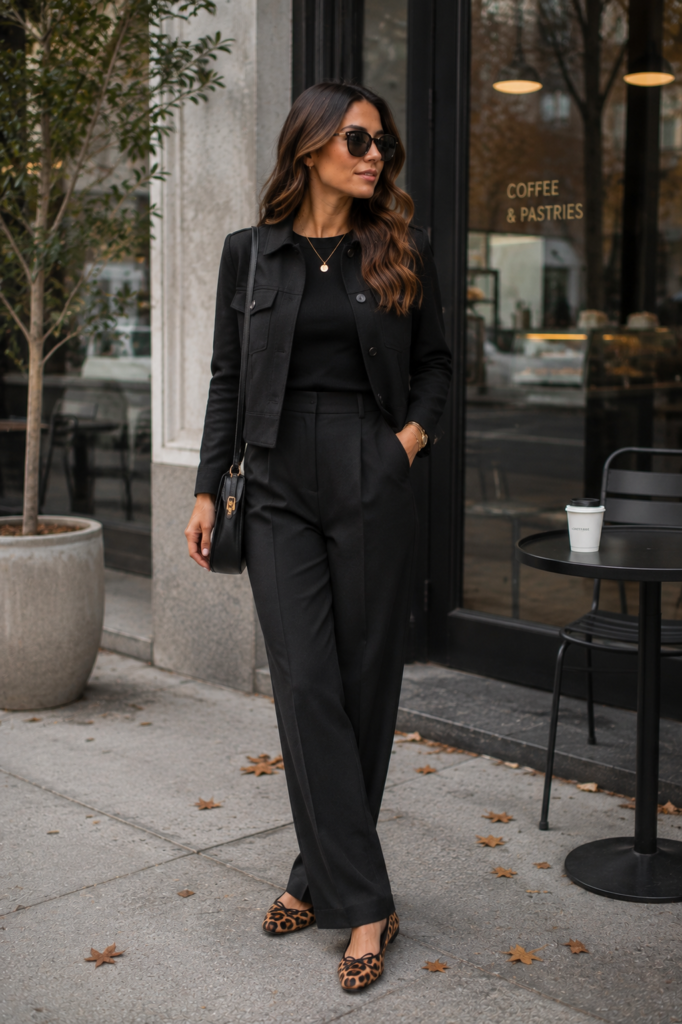 early fall outfit ideas with black monochrome and leopard flats