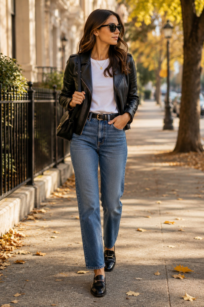 early fall outfit ideas with leather jacket, jeans, and loafers