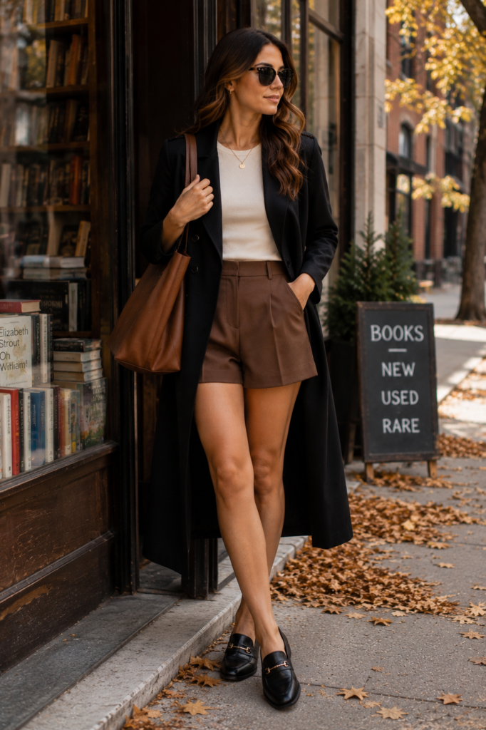 early fall outfit ideas with long black coat and brown shorts