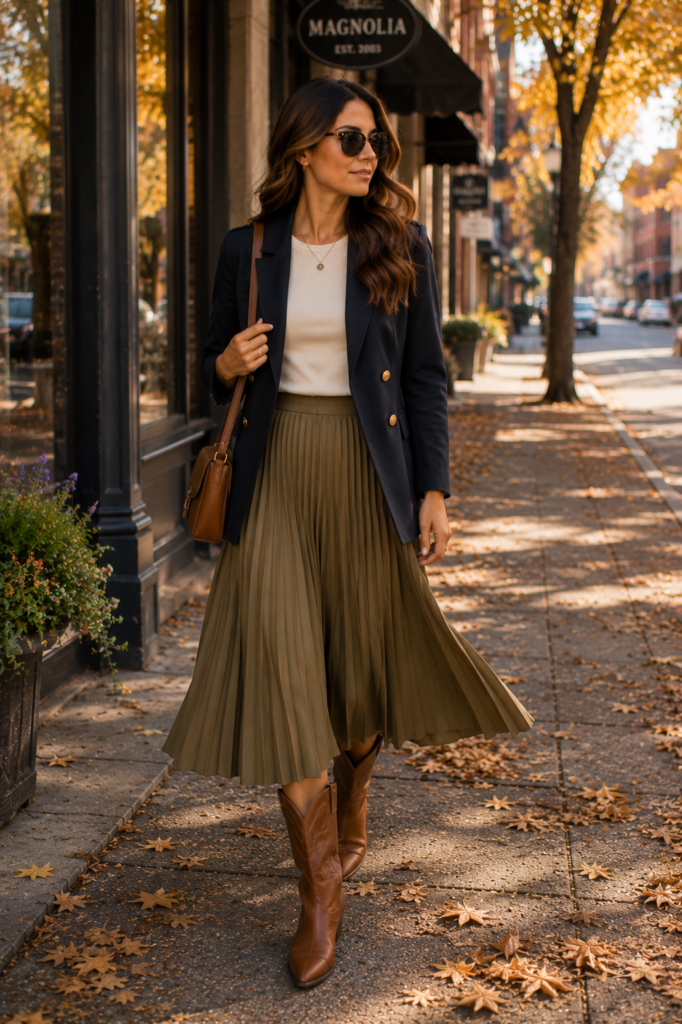 early fall outfit ideas with pleated midi skirt and cowboy boots