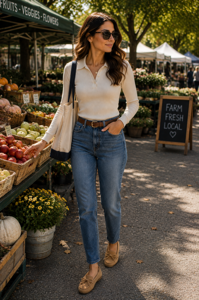 early fall outfit ideas with polo top and suede moccasins