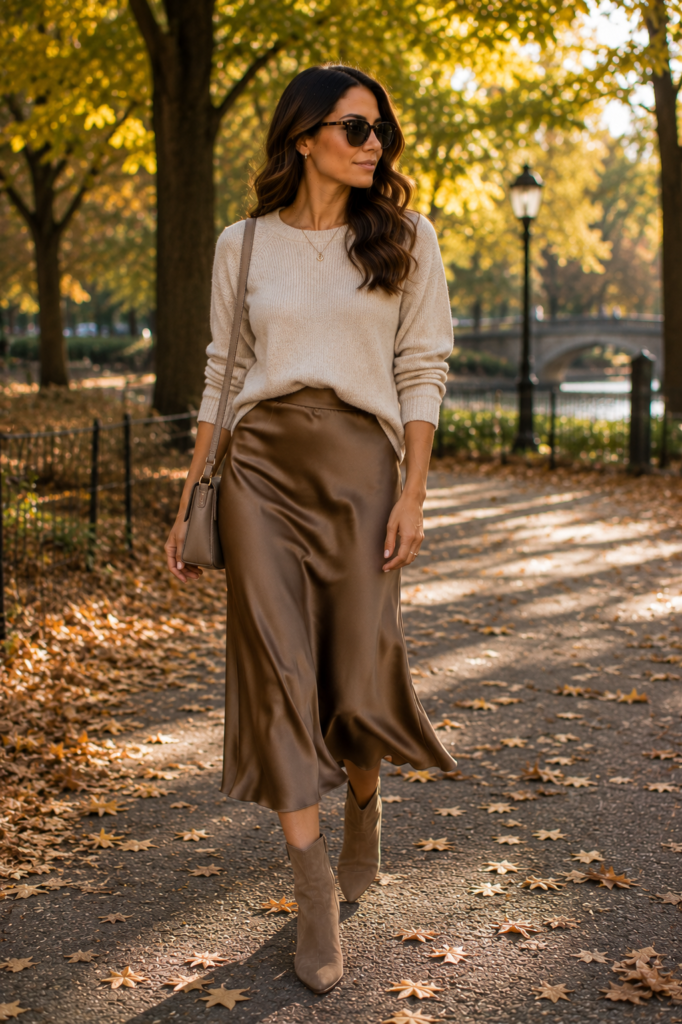 early fall outfit ideas with satin midi skirt and ankle boots