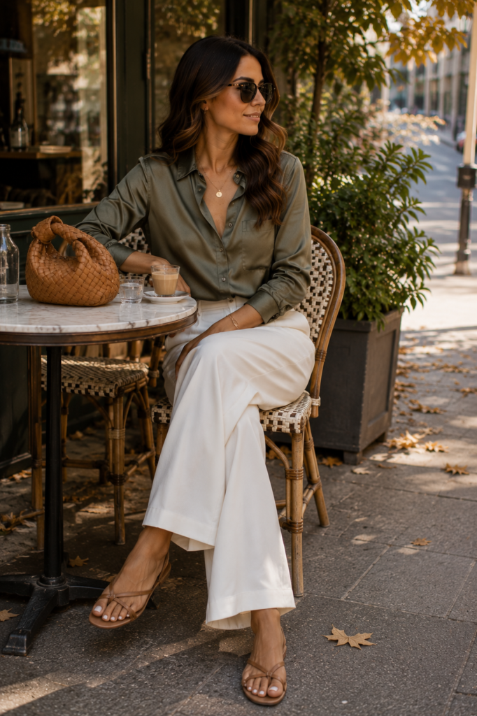 early fall outfit ideas with silk shirt and white wide-leg pants