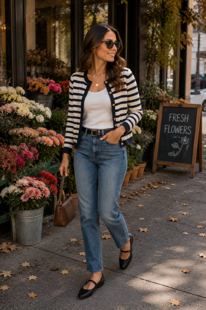 early fall outfit ideas with striped cardigan and Mary Janes