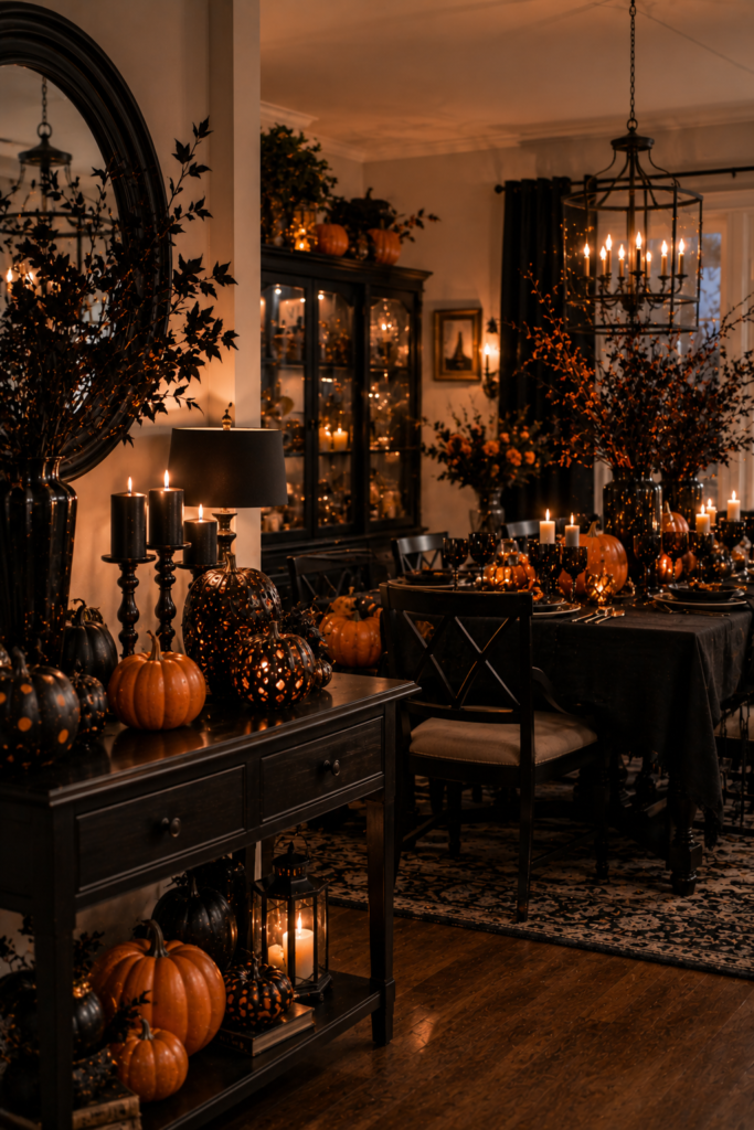 Elegant black-and-orange Halloween party setup with pumpkins and warm seasonal lighting