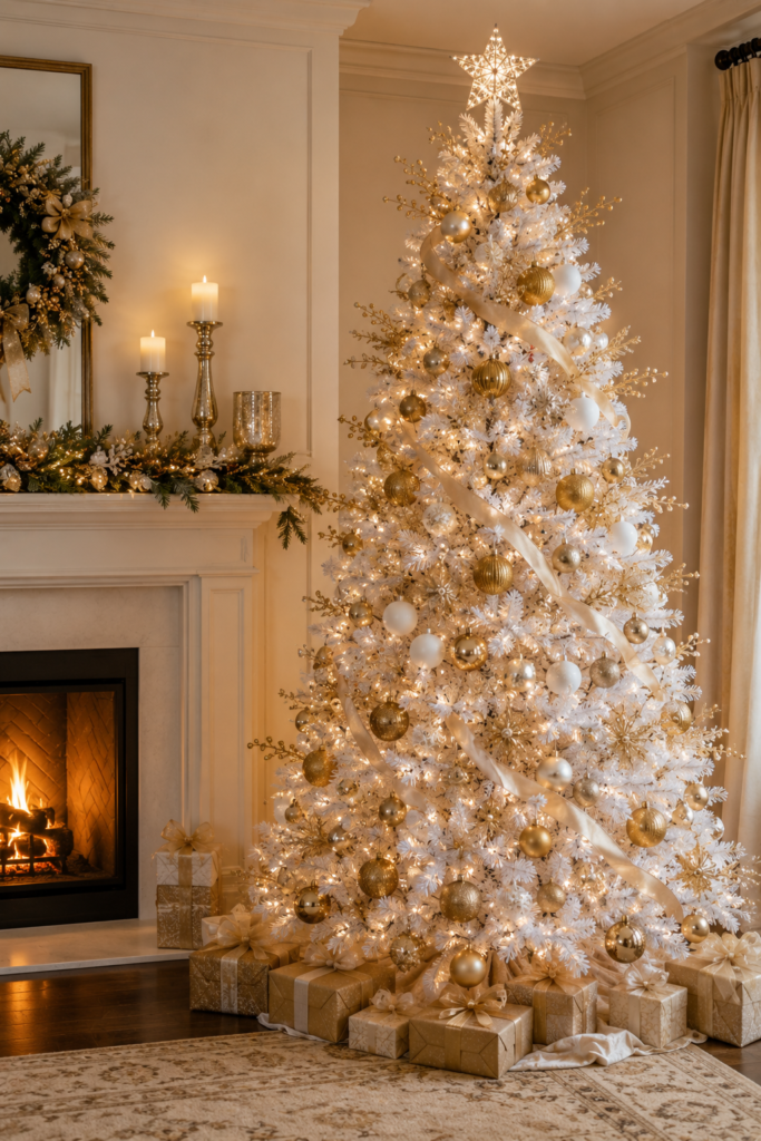 Elegant white and gold Christmas tree with gold ornaments and ribbon