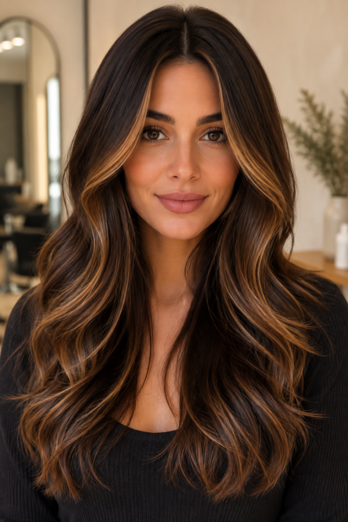 Face-Framing Caramel Highlights on Brown Hair
