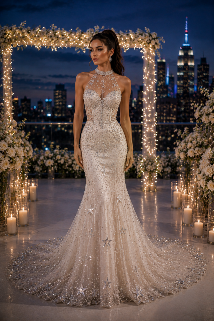 Fairytale wedding dress covered in silver stars and celestial crystals