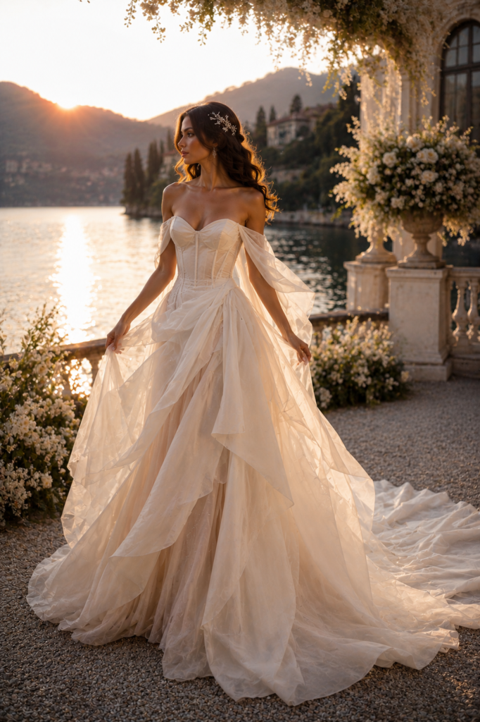 Fairytale wedding dress featuring floating organza layers and detachable sleeves