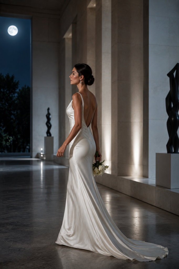 Fairytale wedding dress featuring fluid ivory silk and open back