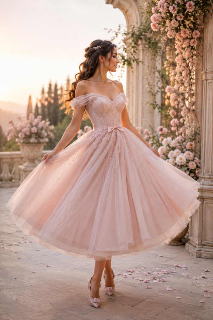 Fairytale wedding dress in blush tulle with playful tea-length skirt