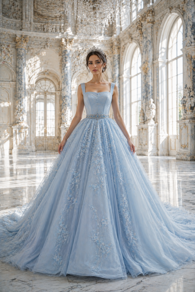 Fairytale wedding dress in powder blue with crystal waist detailing