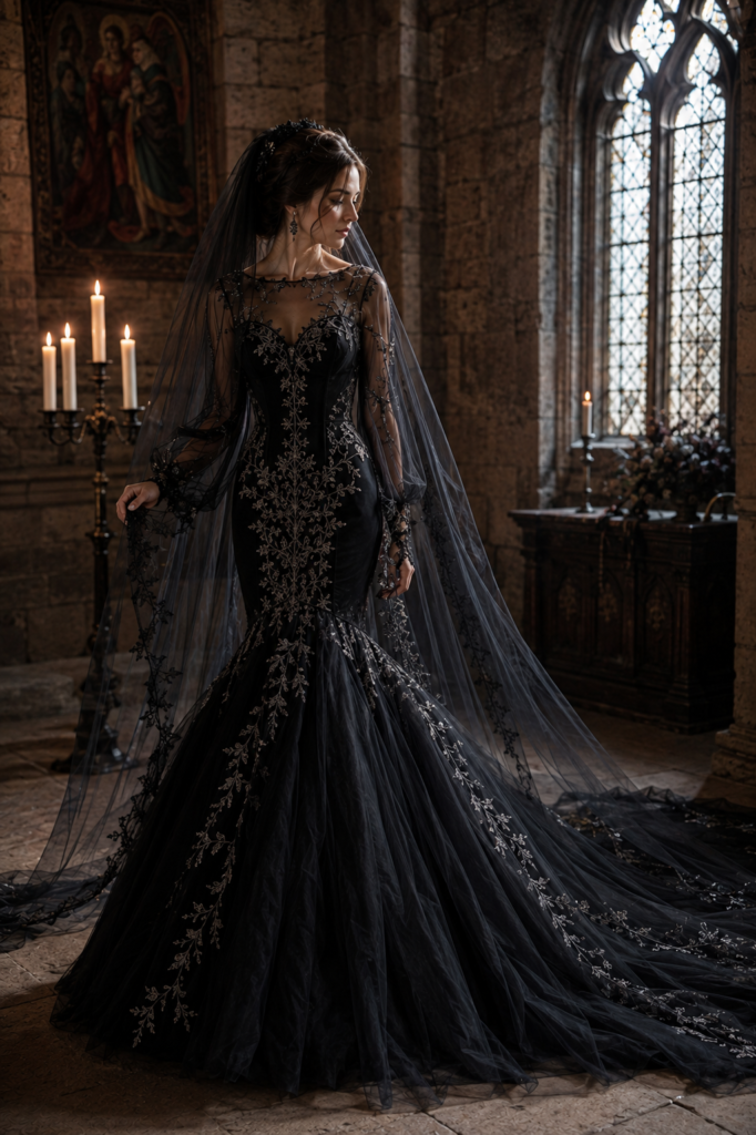 Fairytale wedding dress with black velvet, bishop sleeves, and silver vines