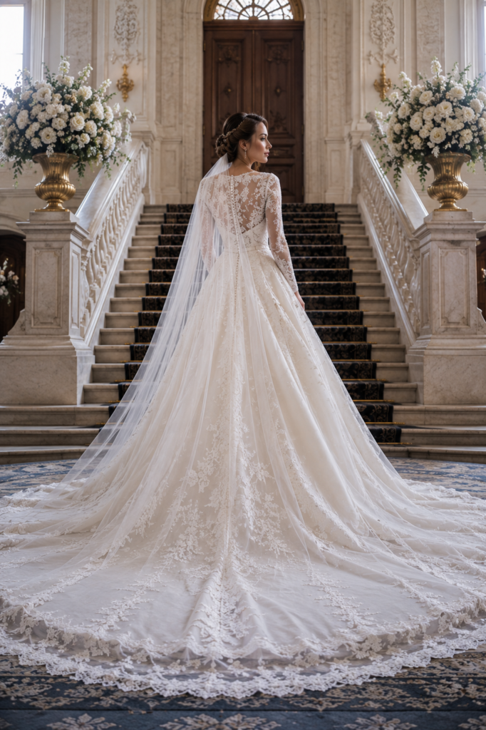 Fairytale wedding dress with Chantilly lace, long sleeves, and cathedral train
