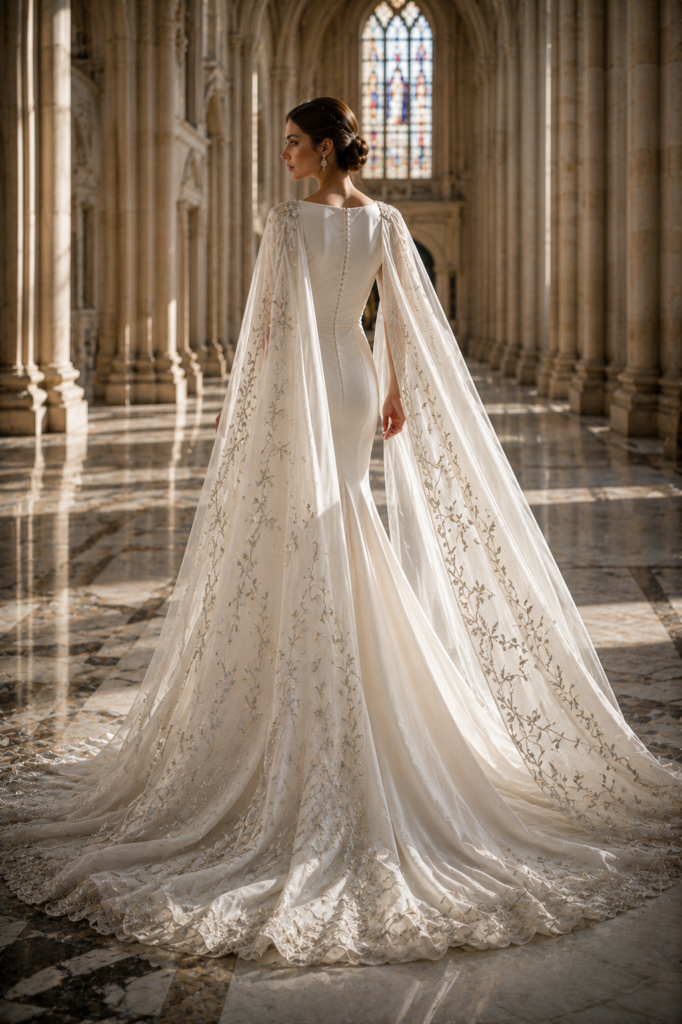 Fairytale wedding dress with detachable embroidered cape and flowing chiffon
