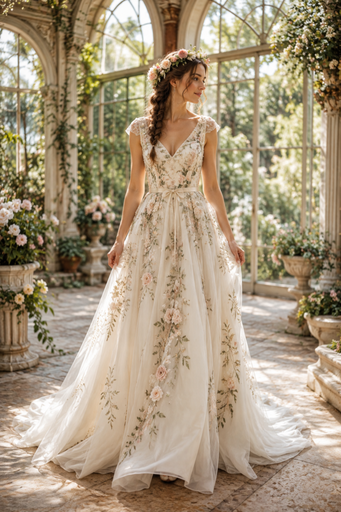 Fairytale wedding dress with garden flowers and airy layered tulle